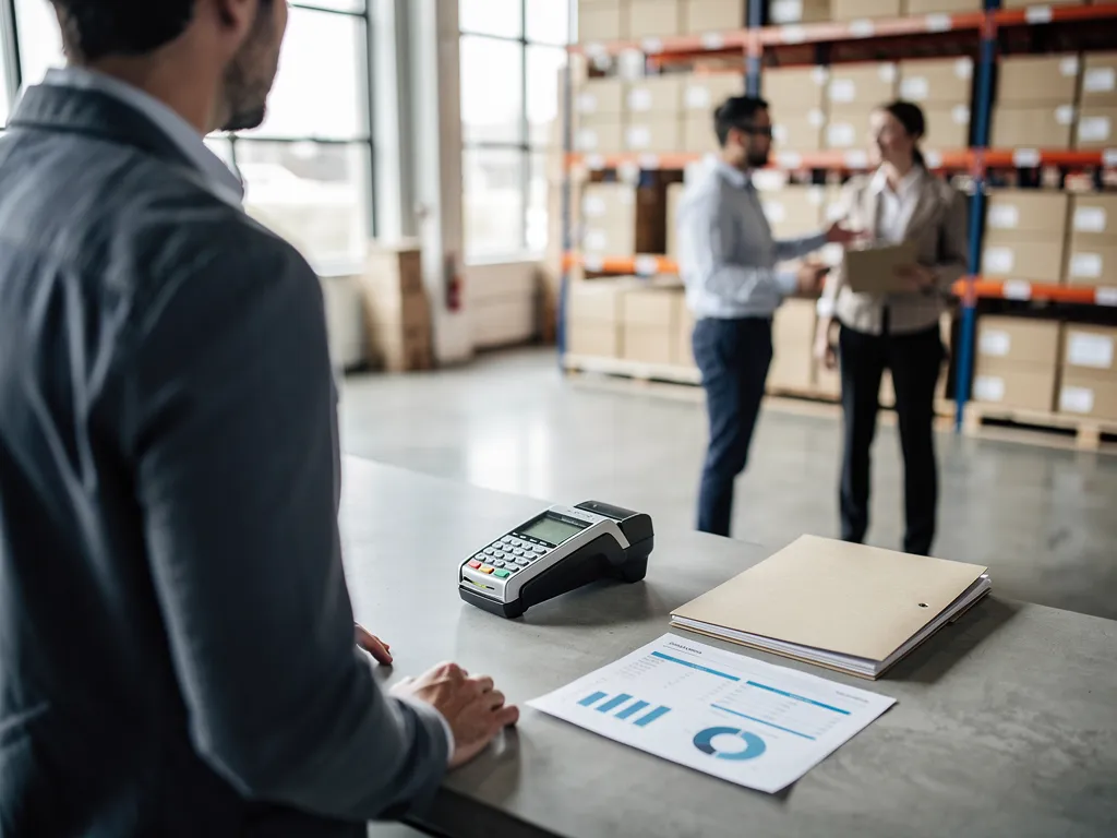 Entrepreneur reviewing supplier credit terms and loan paperwork at a desk