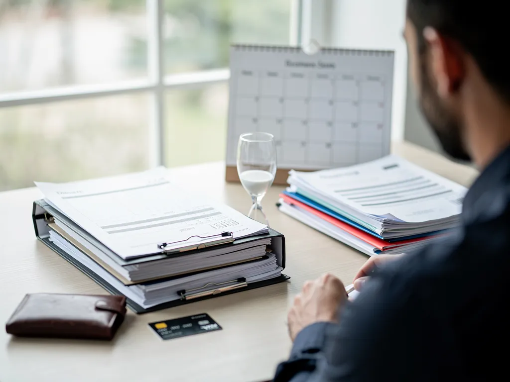 Business owner sorting personal bills into one pile and business invoices into another