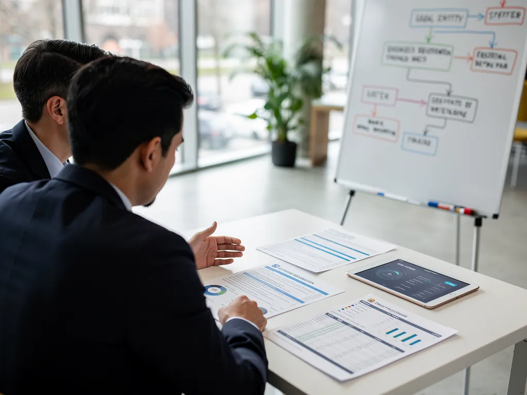 Consultant reviewing legal entity paperwork for a credit-building client