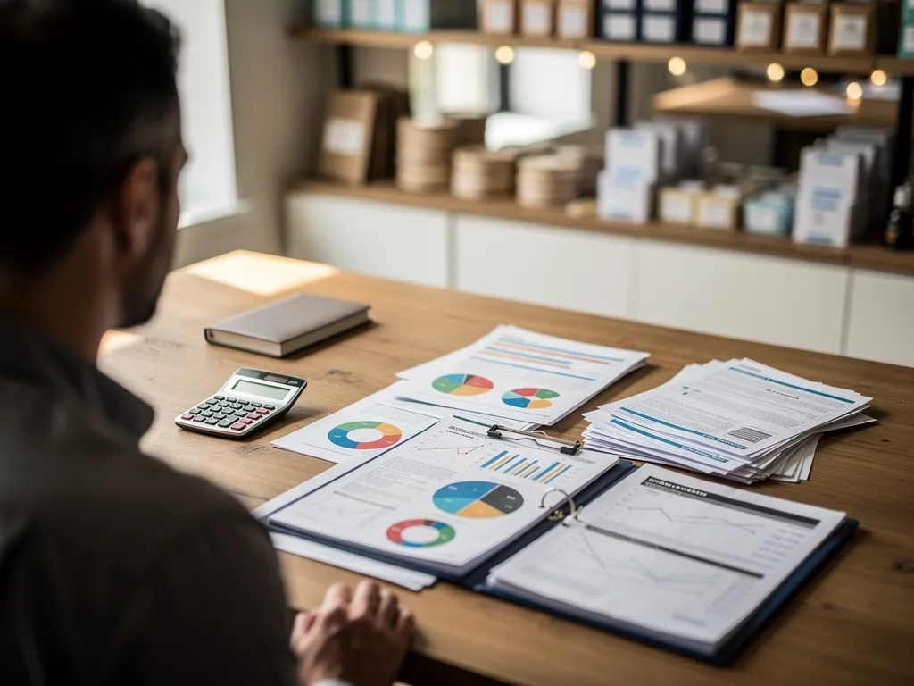 Business owner reviewing financial statements to assess credit needs