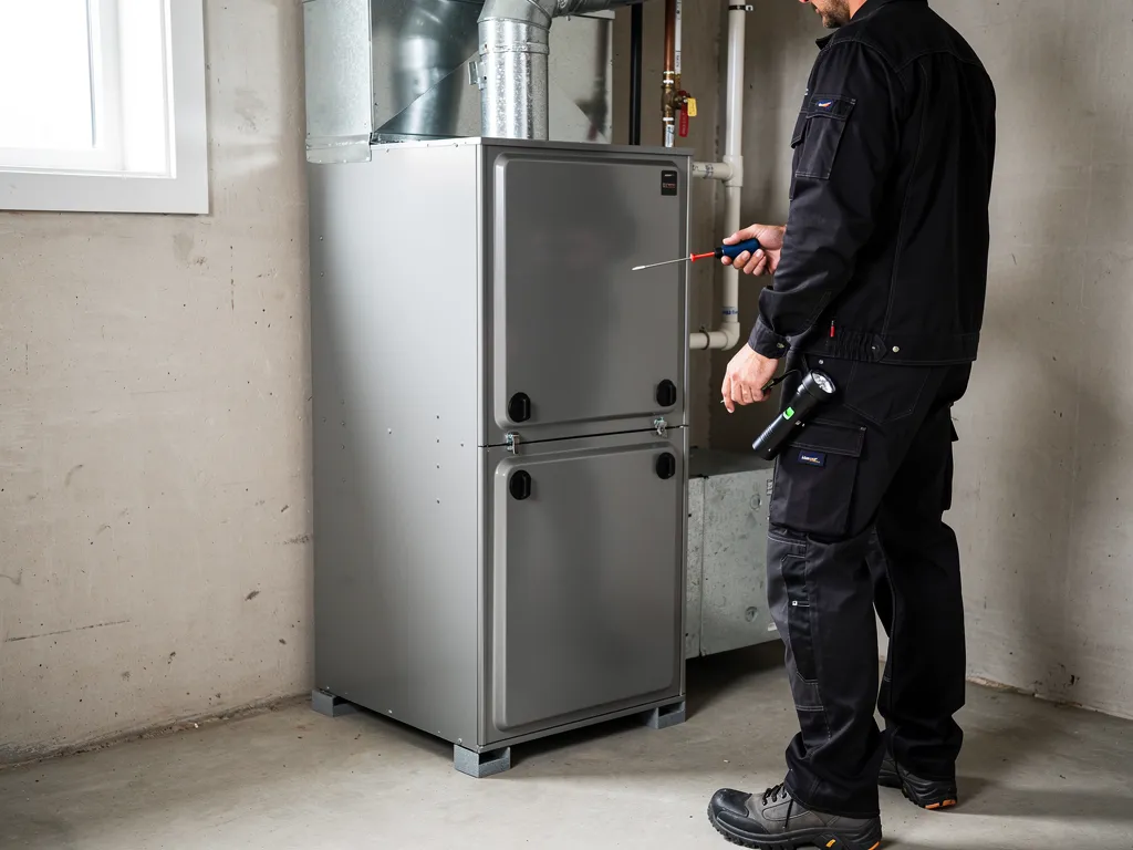 Technician in safety uniform using tools near a closed furnace