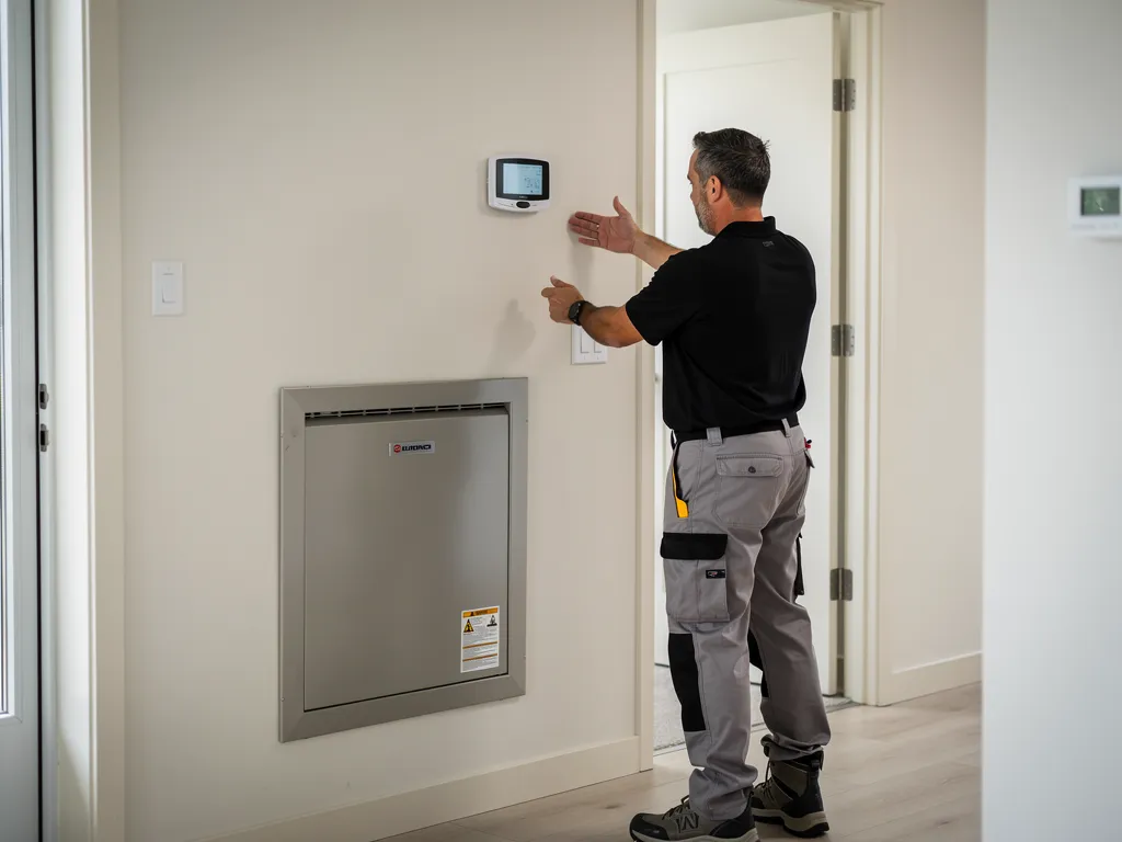 Technician in safety uniform performing a basic check on a closed furnace