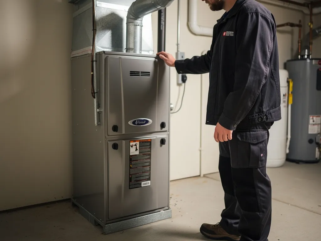 Technician in safety uniform inspecting a closed furnace for odors and noises