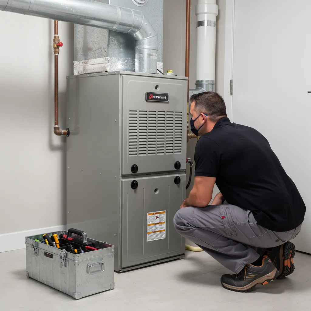 Technician in safety uniform listening to a closed furnace for noises