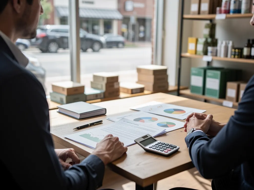 Entrepreneur reviewing a business loan agreement with a lender