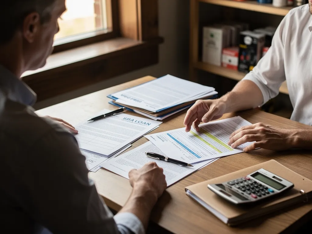 Small business owner signing SBA loan paperwork with a lender