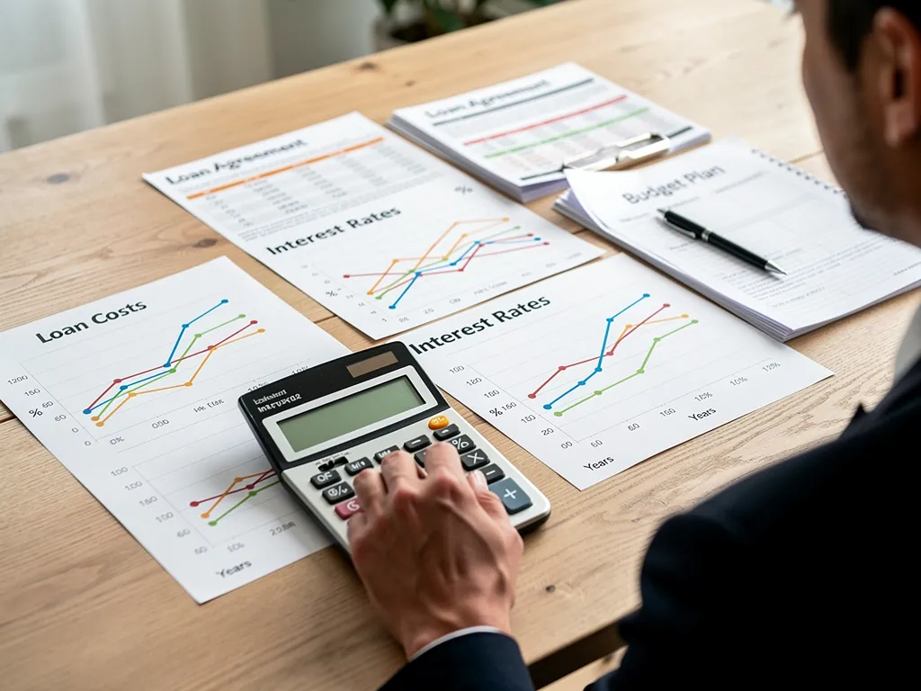 Calculator and loan documents comparing interest rates and repayment terms