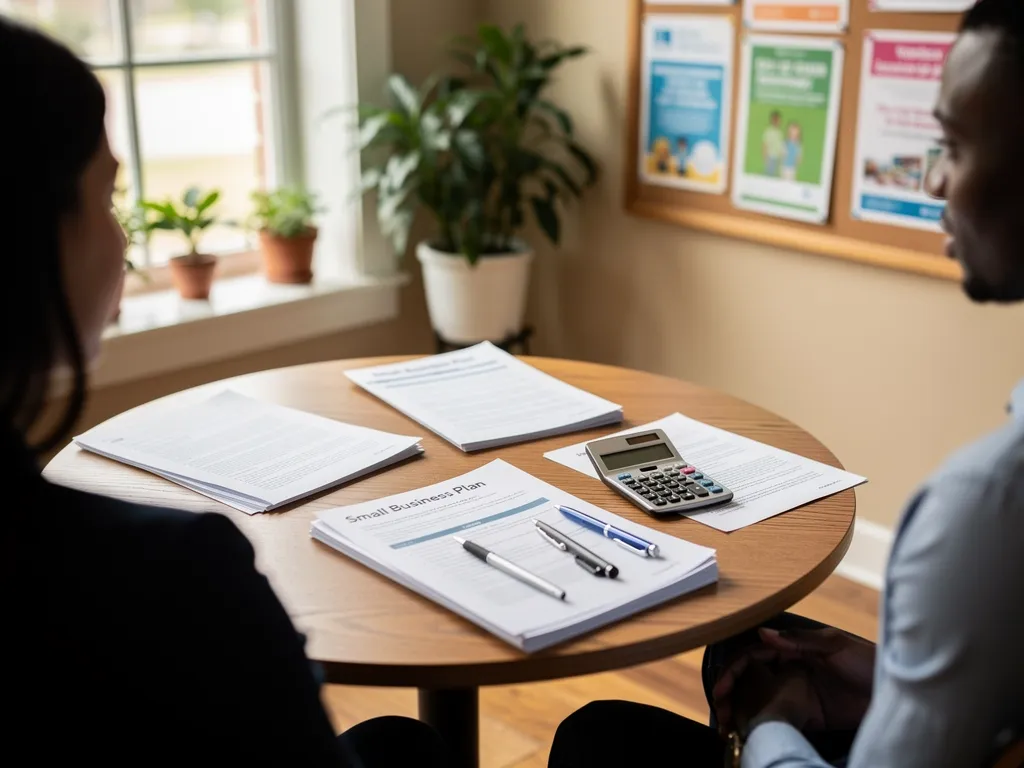Community lender reviewing a microloan application with a small business owner