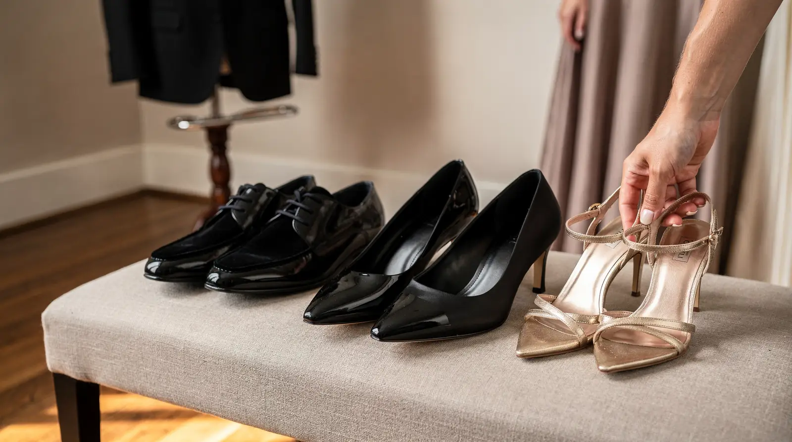 Black tie wedding shoes: black patent loafer, polished Oxford and velvet slingback heel