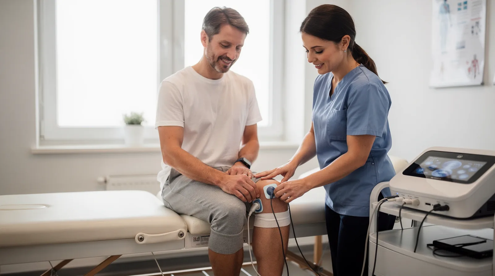 Person using a TENS device for drug-free pain management