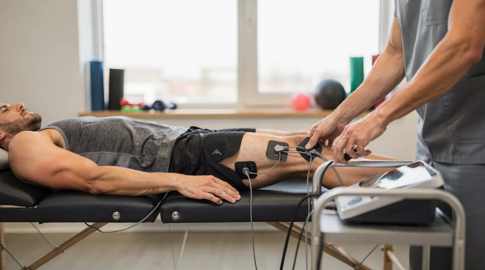 EMS electrode pads applied to sore leg muscles after intense training