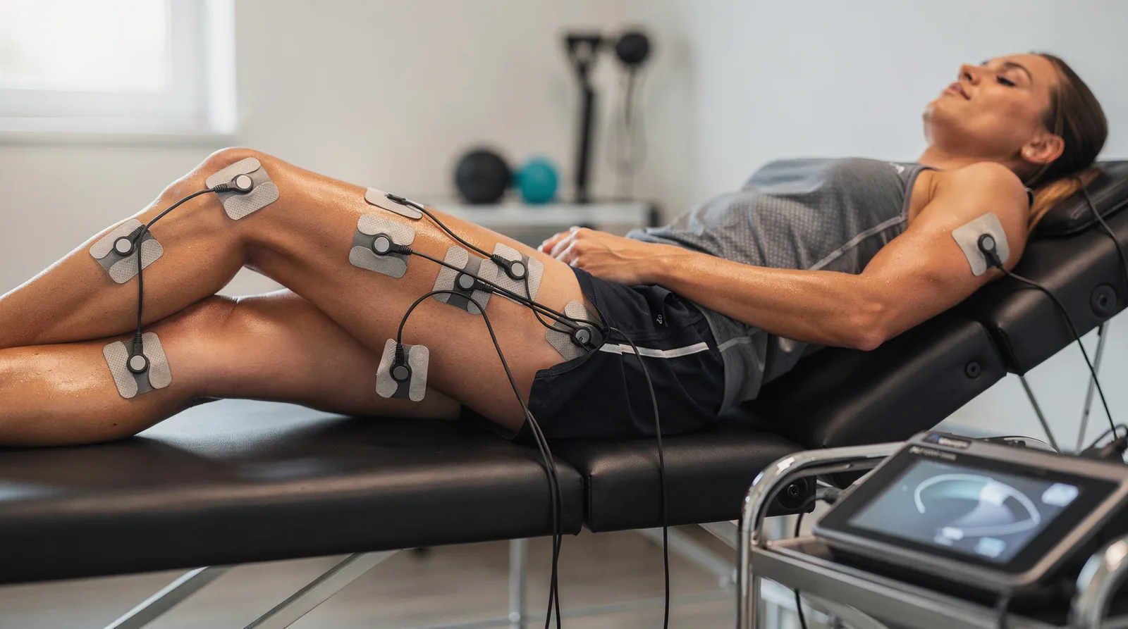 Soccer player using EMS stimulation equipment during a training session