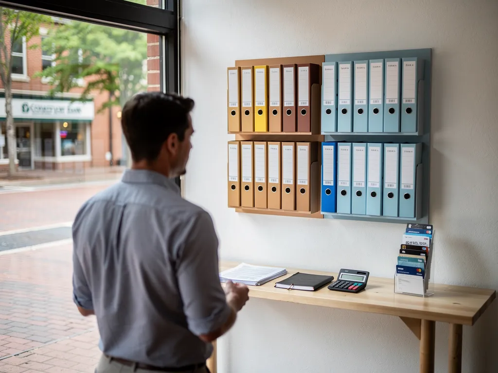 Entrepreneur separating personal and business finance documents at a desk