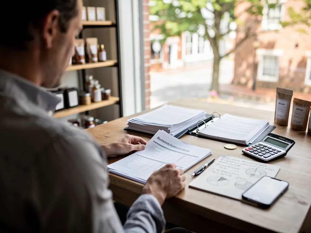 Business owner organizing financial statements before a lender meeting