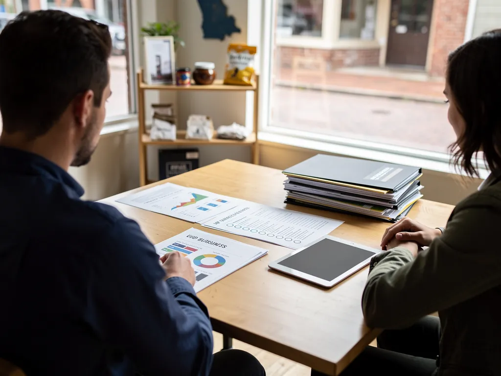 Advisor guiding a small business owner through funding options at a consultation table