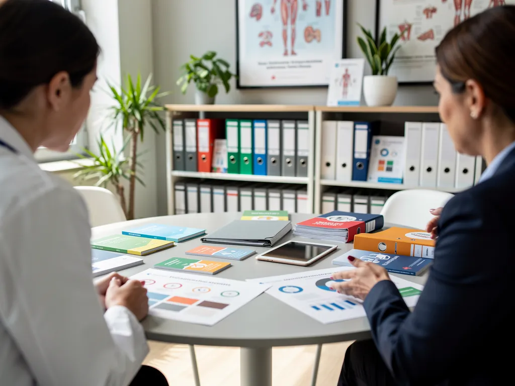 Healthcare provider consulting a resource guide and support directory