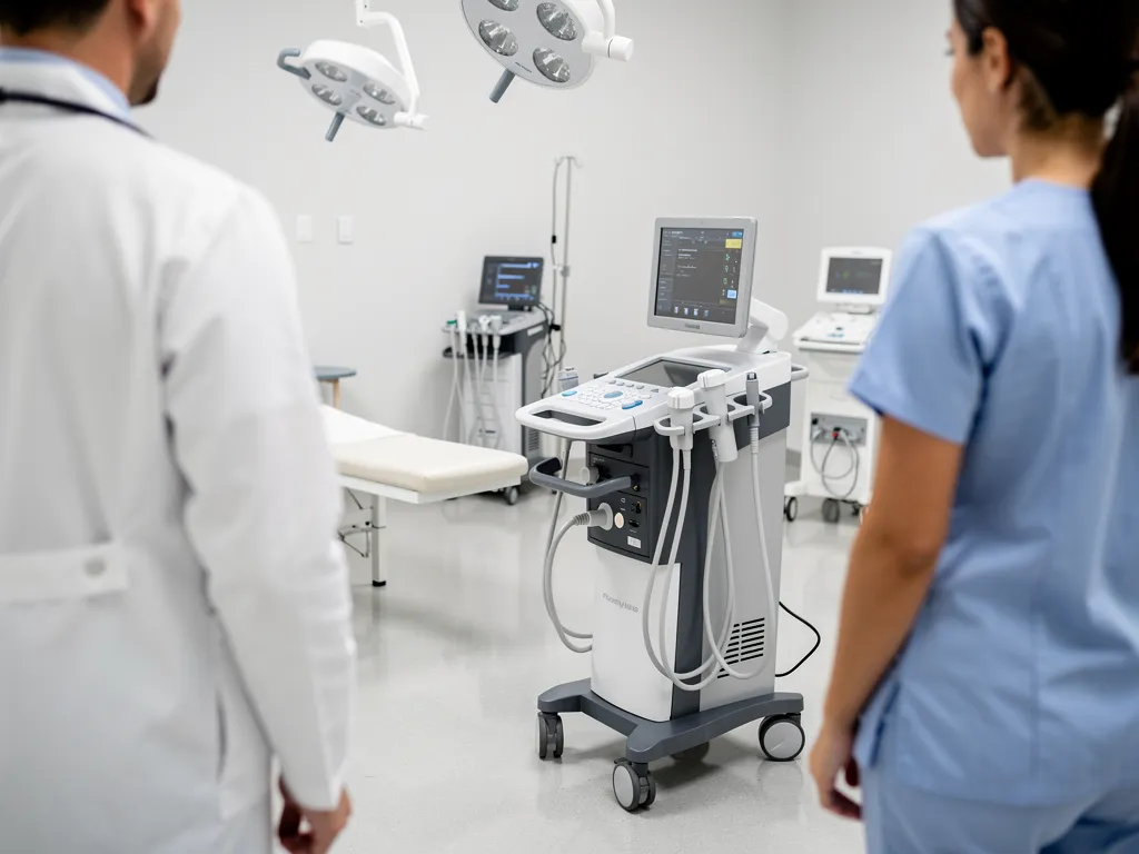 Technician installing new diagnostic imaging equipment in a clinic
