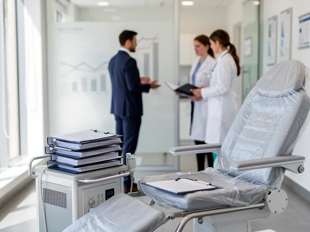 Doctor and financial advisor reviewing loan paperwork at a clinic desk