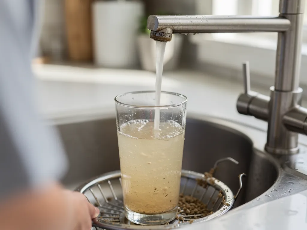 Cloudy discoloured water with visible sediment in a glass