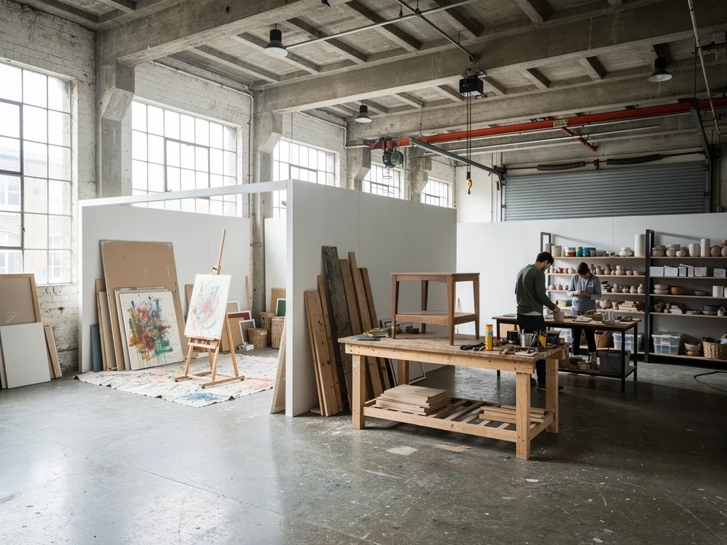 Raw warehouse studio with large windows typical of east London conversions
