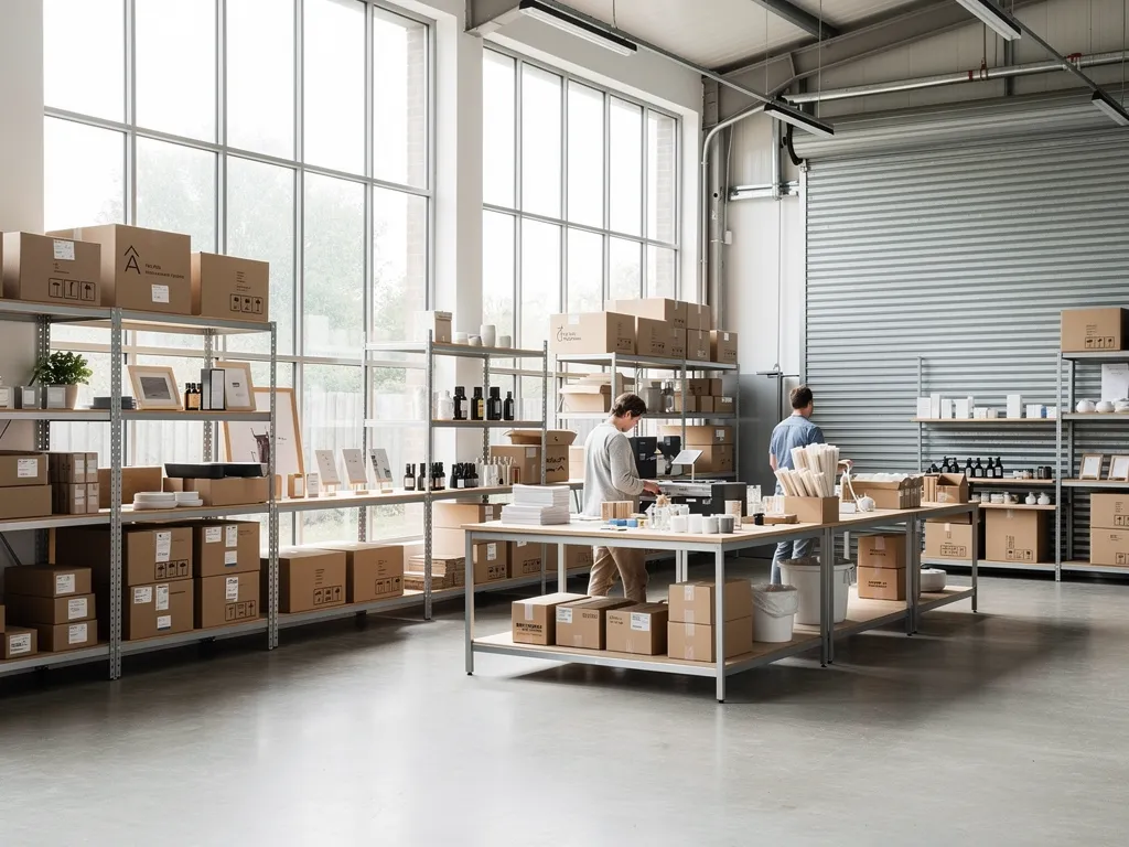 Shelving and packing area inside a London studio warehouse unit