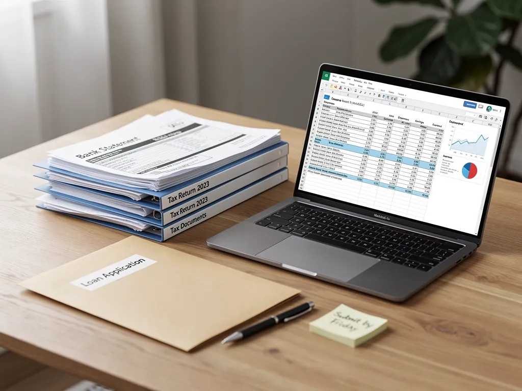 Business owner organizing bank statements and tax documents for a loan application