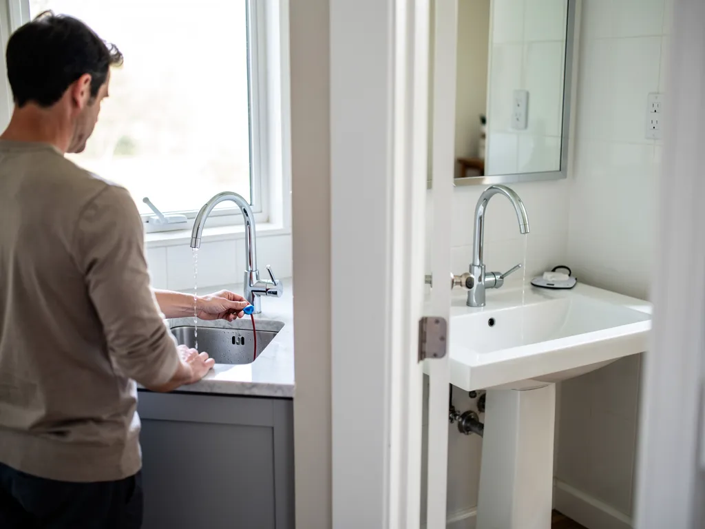 Homeowner testing a kitchen tap for no running water in house