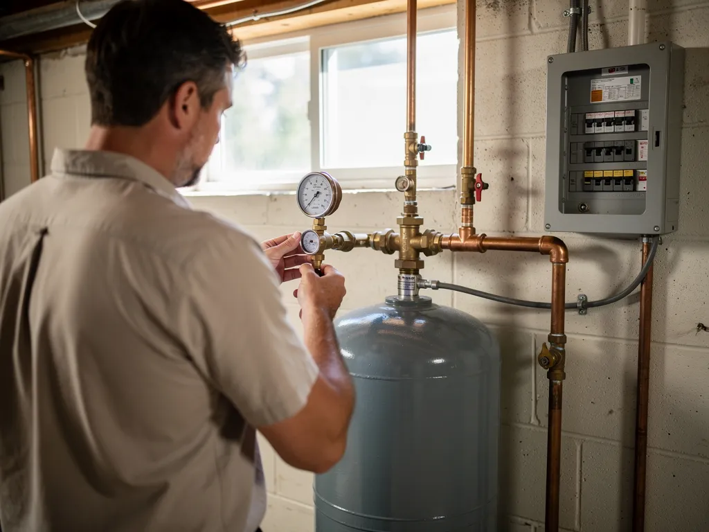 Technician inspecting a private well pump pressure tank and controls