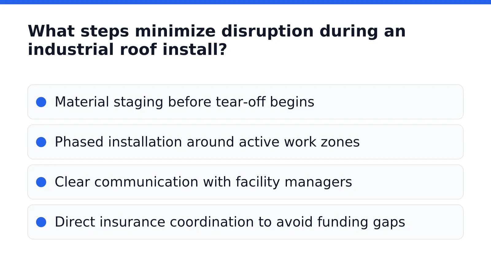 What steps minimize disruption during an industrial roof install in Indianapolis