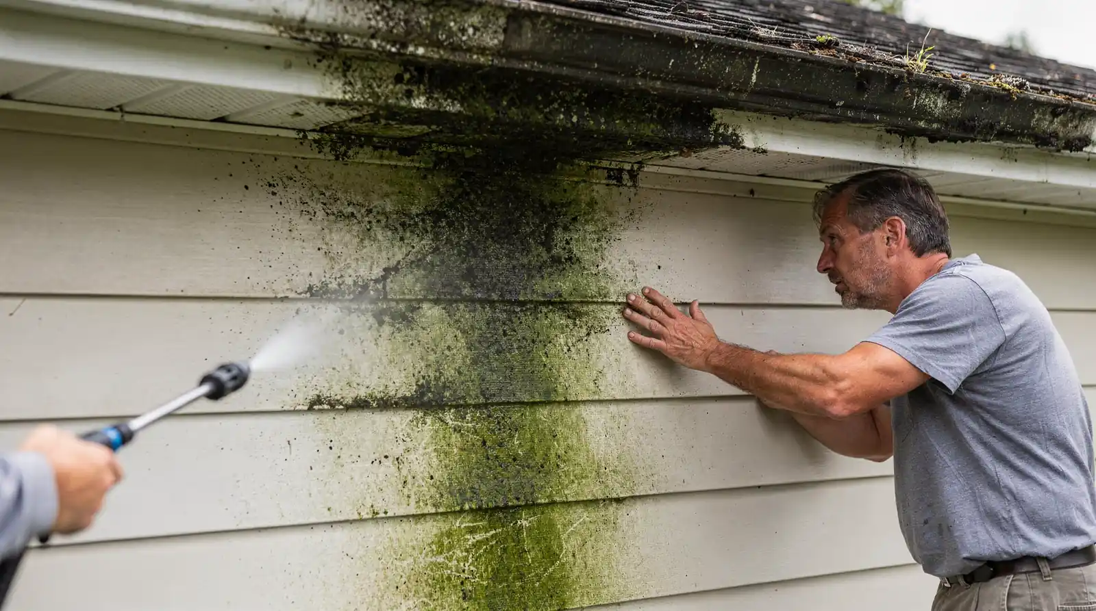 Visible organic growth on exterior surfaces signals an immediate need for **soft washing**. Green