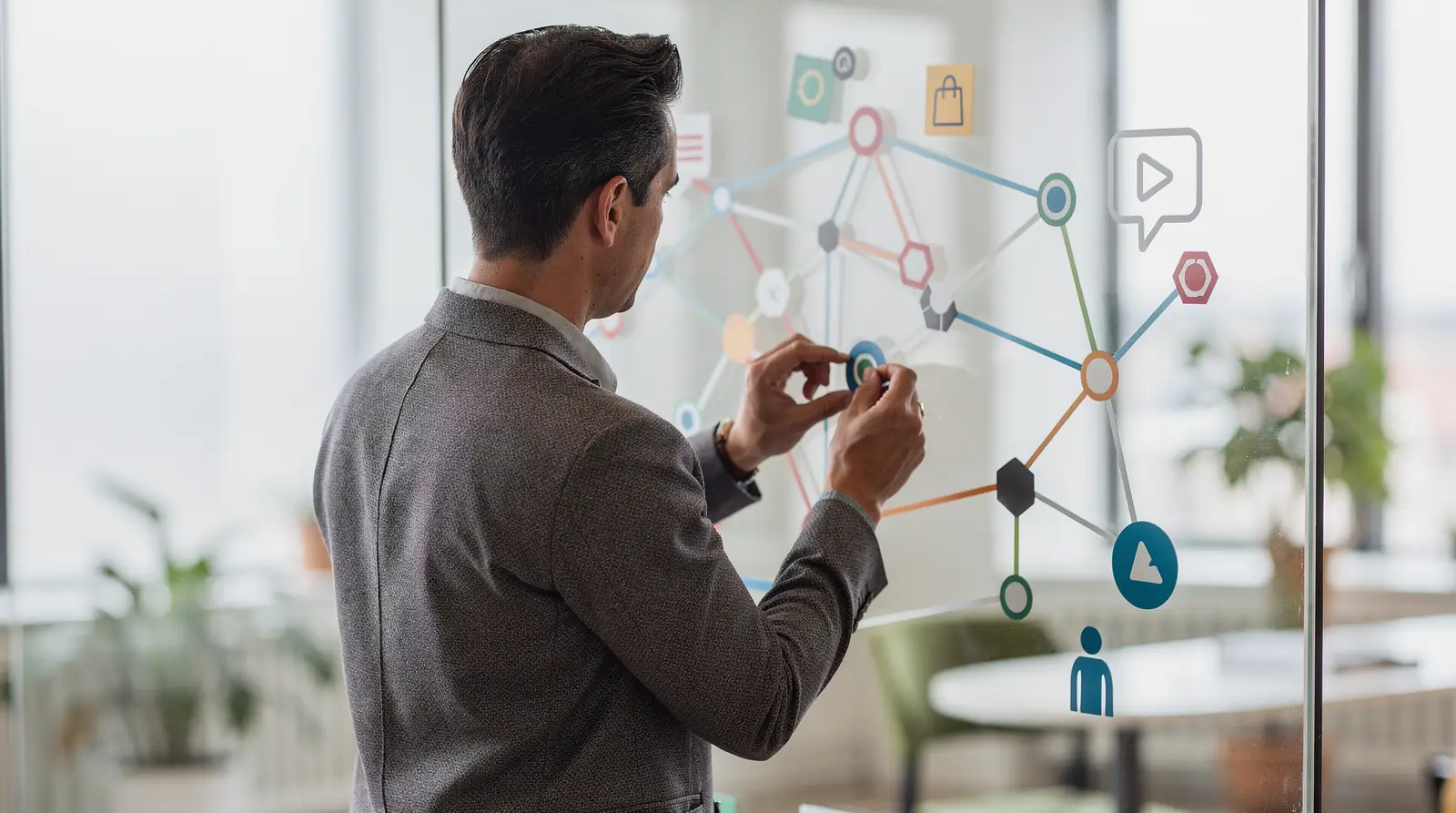 A strategist connecting nodes of a marketing workflow diagram drawn on a glass wall