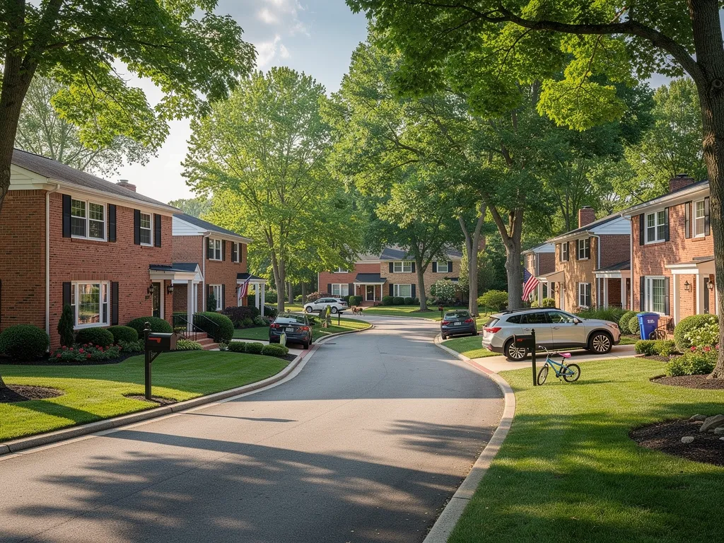 Tree-lined Vienna neighborhood street with classic homes and manicured lawns