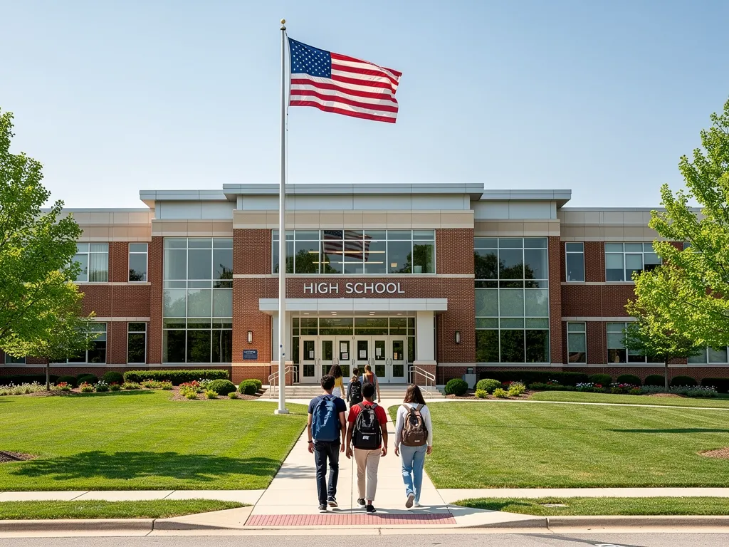 Students walking into a Fairfax County high school on a sunny morning
