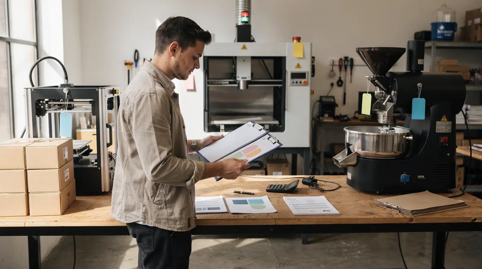 Small business owner signing equipment lease documents with a lender