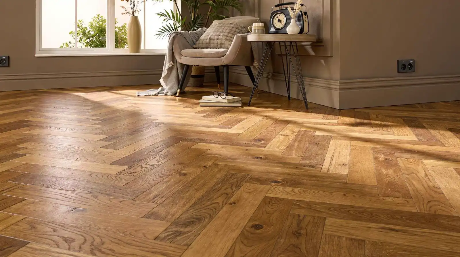 Herringbone engineered wood flooring combines the beauty of solid wood with sustainable, modern technologies.; Stories