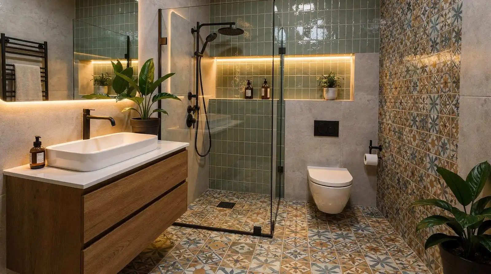 Mediterranean-inspired tile work, including colorful patterned floor tiles and Zellige accent walls, brings authentic Spanish