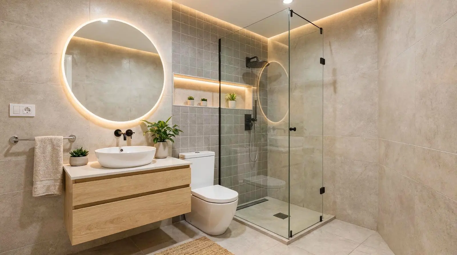 A complete bathroom renovation covers plumbing, sanitaryware, shower, shower screen, wall and floor coverings, lighting