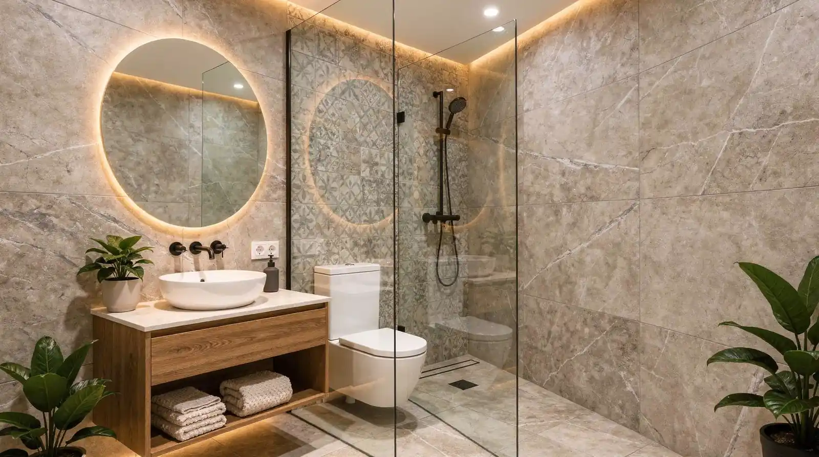 Modern Barcelona bathroom renovations use premium materials for wall and floor coverings, including large-format tiles