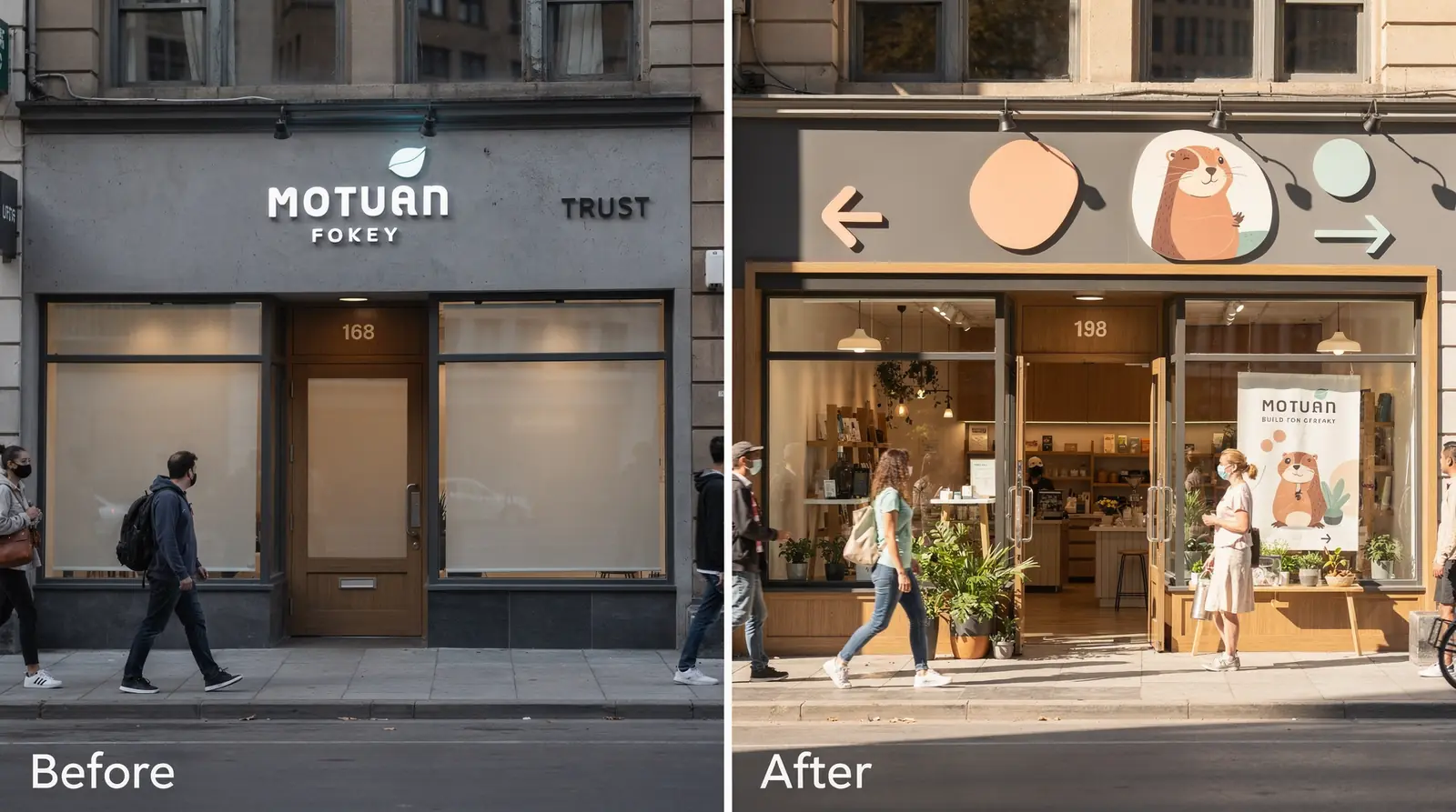 Signage and exterior design elements build trust and influence purchasing decisions.; Thoughtful storefront design Signage and exterior design elements build trust and influence purchasing decisions.; Thoughtful storefront design