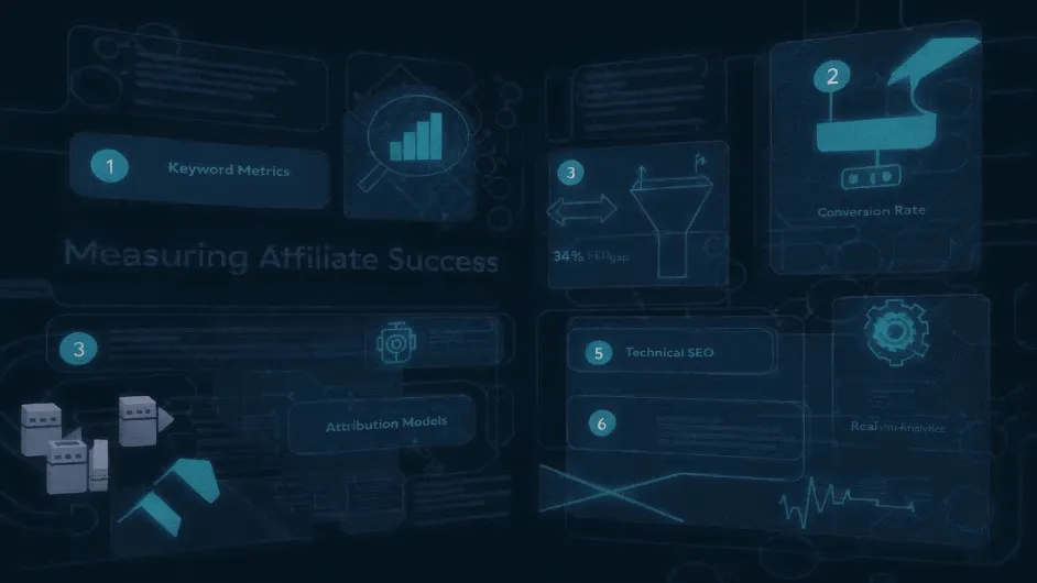 Six-pillar iGaming affiliate measurement framework: keyword metrics, conversion rate, attribution models, AI visibility