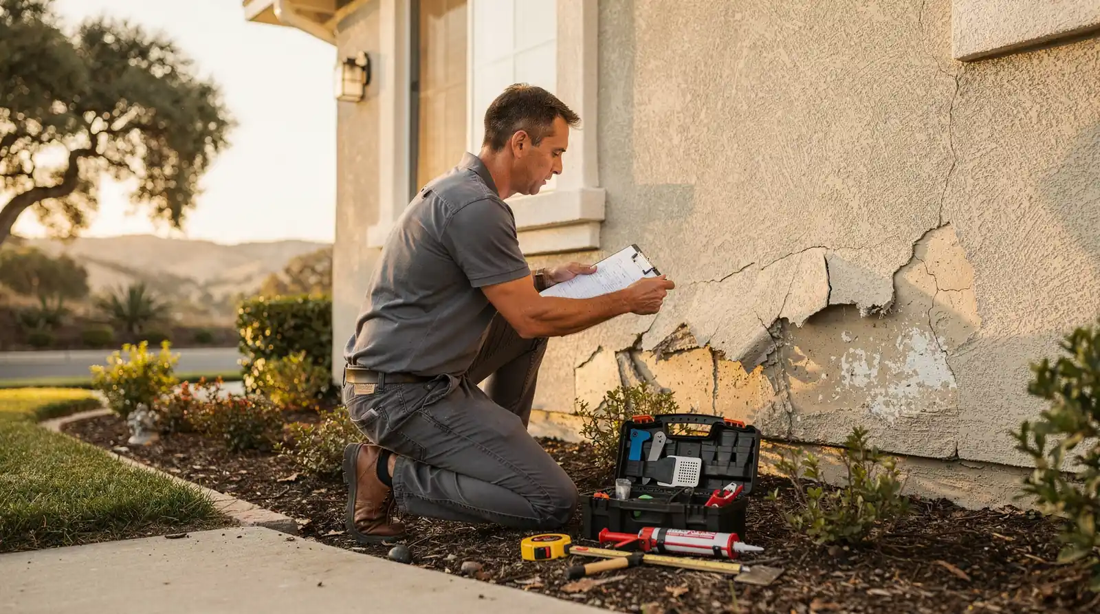 Man kneeling beside a house, inspecting damage with a clipboard and tools, illustrating home repair