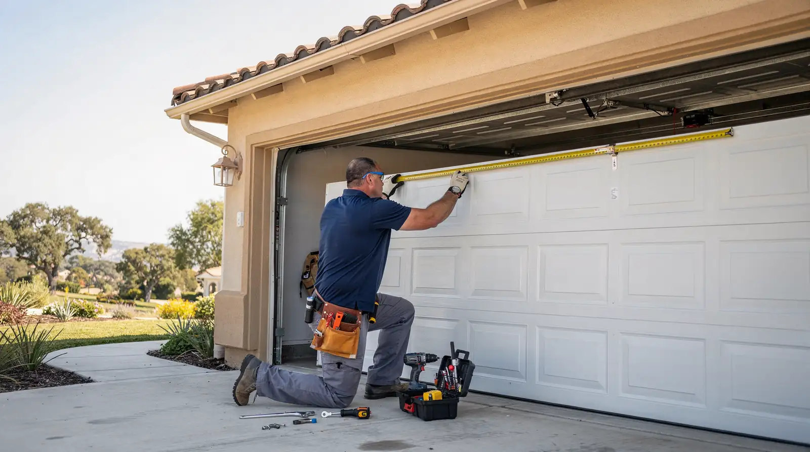 Technician measuring garage door for installation or repair in Thousand Oaks, CA.