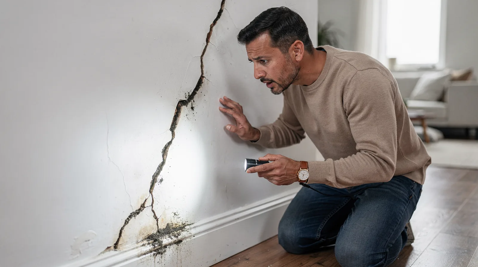 Man examining cracked wall and water damage, potential garage door repair warning signs.