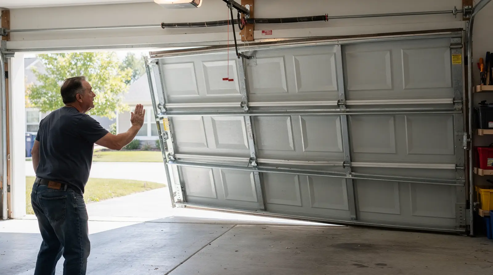 Garage door partially open with technician inspecting, potential safety hazard requiring Thousand Oaks repair.