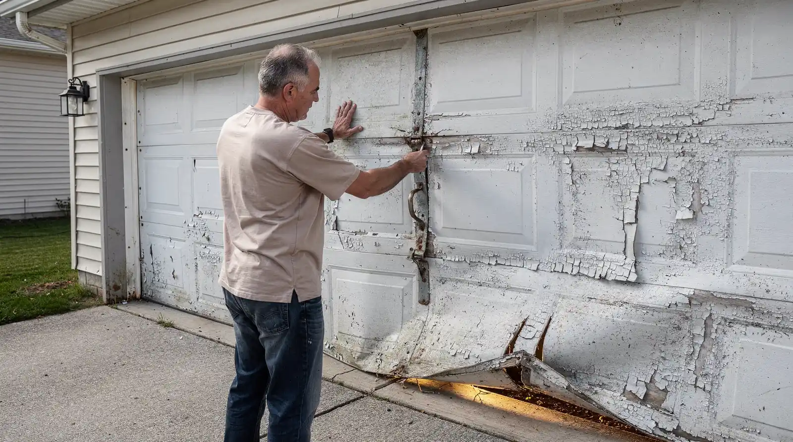 Damaged garage door with peeling paint and broken sections, illustrating when replacement is needed.
