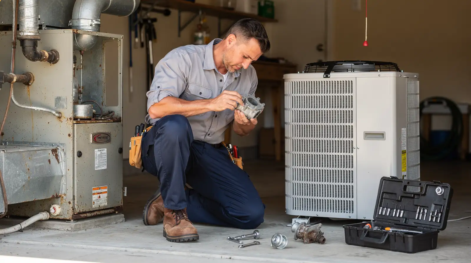 Garage door technician inspecting components, assessing repair versus replacement options in Simi Valley.