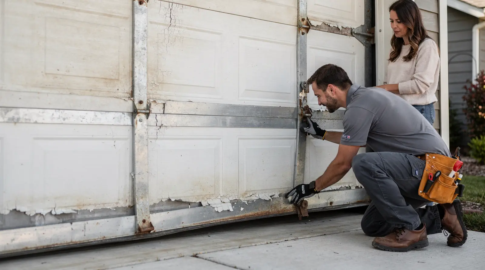Damaged garage door panel and homeowner discussing repair versus replacement options.