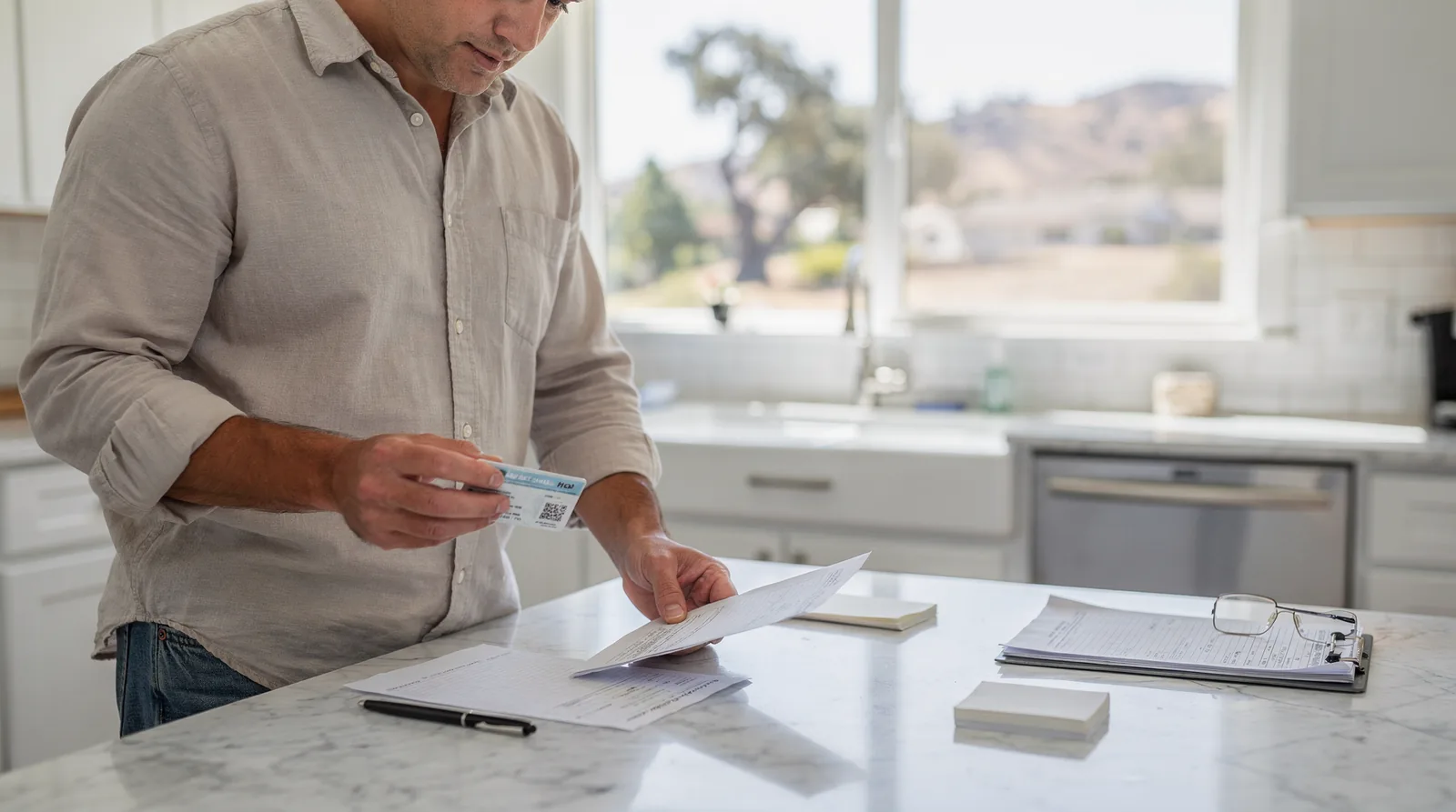 Homeowner reviewing documents, likely related to garage door repair and licensing in Thousand Oaks.