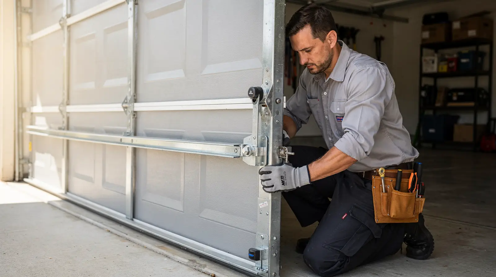 Technician inspecting garage door hardware for Thousand Oaks homeowners and security vulnerabilities.