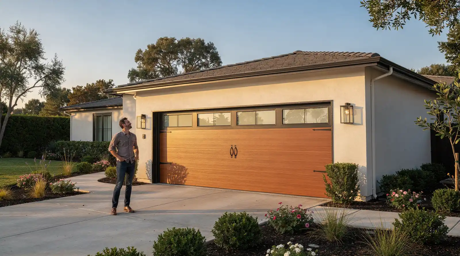 Modern wood garage door enhancing Thousand Oaks curb appeal and home security.